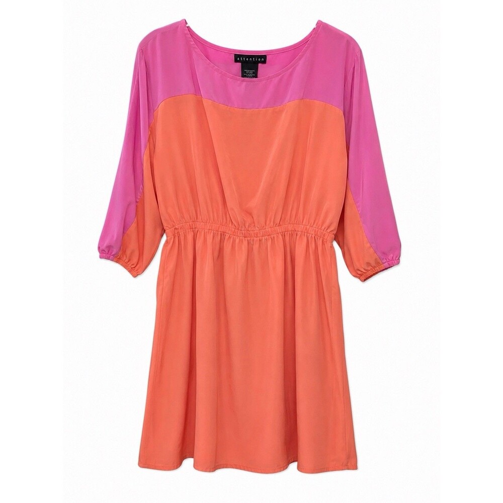 Attention Women’s Long Cut/Slit Sleeve Two Tone Fit & Flare Dress Orange/Pink XL